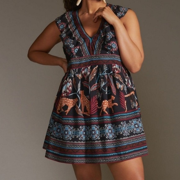 Anthropologie Dresses & Skirts - Anthropologie NWOT Cat Jungle Print Ruffle V-Neck Mini Dress Black Multi 2X